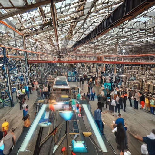 Image similar to crane shot of large group people in open warehouse, looking at hologram of futuristic city on a table, cinematic still, godrays, golden hour, natural sunlight, 4 k, clear details, tabletop model buildings, tabletop model, ethereal hologram center, crane shot, crane shot, rule of thirds, people foreground