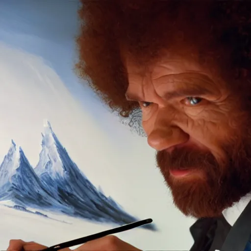 Image similar to a closeup photorealistic photograph of bob ross working on a canvas painting of darth vader. film still. brightly lit scene. mountains and trees. this 4 k hd image is trending on artstation, featured on behance, well - rendered, extra crisp, features intricate detail, epic composition and the style of unreal engine.