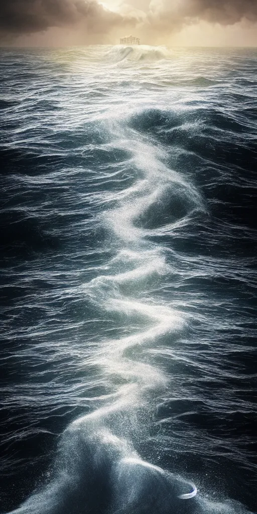 Prompt: a path through the sea, path, wall of water either side, biblical, exodus 1 4 : 2 1 & 2 2, moses, by stephen king, cinematic, hyperrealistic, evil, dark, cgsociety, 8 k