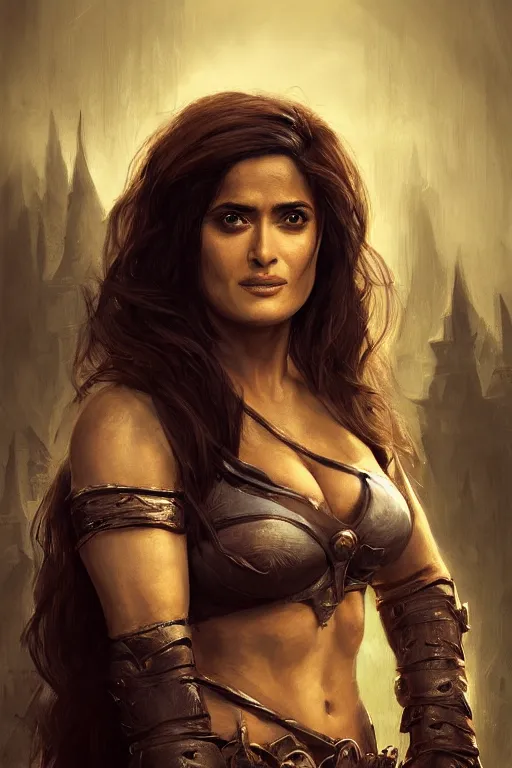 Image similar to portrait, Salma Hayek , barbarian , face portrait, raphael lacoste, eddie mendoza, alex ross, concept art, matte painting, highly detailed, rule of thirds, dynamic lighting, cinematic, detailed, denoised, centerd