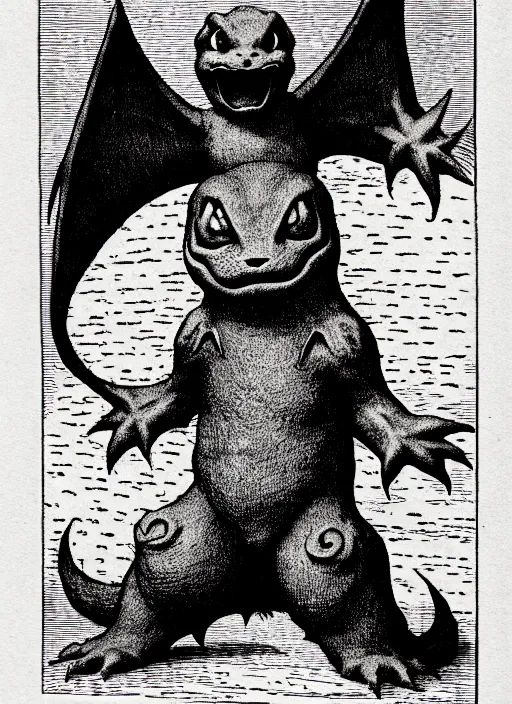 Prompt: charmander, as a demon from the dictionarre infernal, pen - and - ink illustration, etching by louis le breton, 1 8 6 9, 1 2 0 0 dpi scan, ultrasharp detail, hq scan, intricate details, stylized border