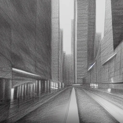 Image similar to a pencil drawing of a futuristic city