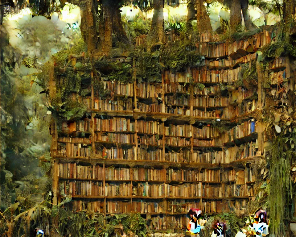 Image similar to a bookshelf in the rainforest by sir lawrence alma - tadema. hyperdetailed, proportional, romantic, enchanting, achingly beautiful, graphic print, trending on artstation, jungle, tropical, foliage