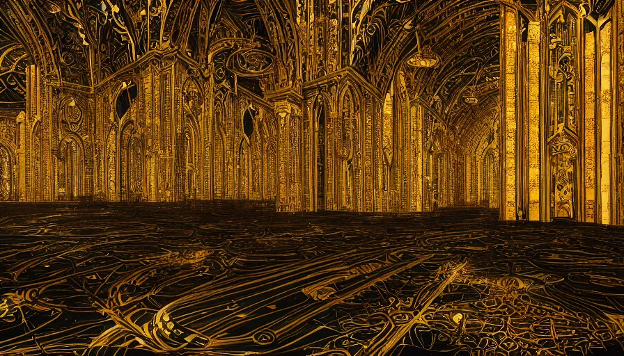 Prompt: Interior of a black and gold church, hyperdetailed, artstation, cgsociety, 8k