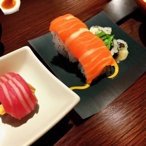 Image similar to Mr. Potato Head eating sushi at a Japanese restaurant