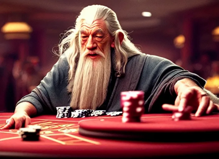 Image similar to film still of gandalf gambling in a casino in new star wars movie, 8 k