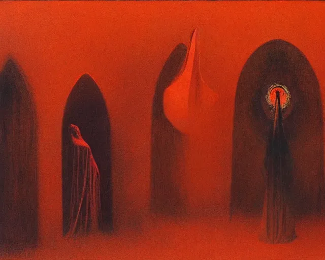 Image similar to by francis bacon, beksinski, mystical redscale photography evocative. devotion to the scarlet woman, priestess in a conical hat, coronation, ritual, sacrament
