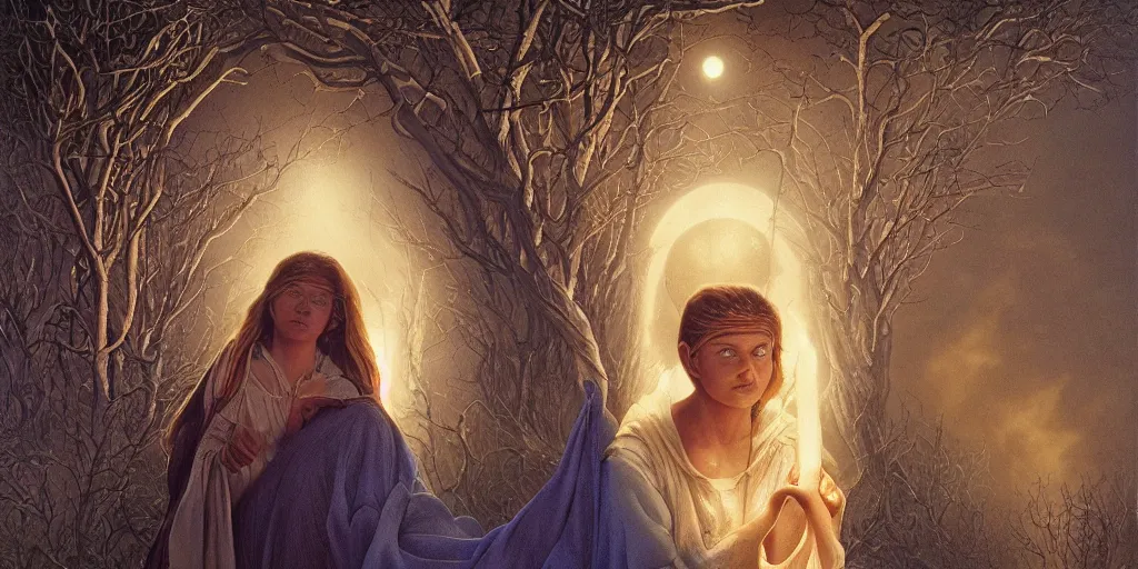 Image similar to moonlit pilgrimage of the blind beautiful young woman Michael Whelan by Jeff Easley photorealistic by Edmonia Lewis, cinematic, coherent, realistic faces, clear, detailed, intricate, dramatic lighting, establishing shot, 8k resolution