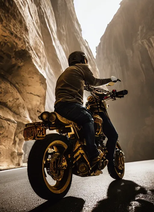 Image similar to a 2 8 mm macro photo of a man riding on a motorcycle through a canyon made of oversized arcade cabinets, splash art, movie still, bokeh, canon 5 0 mm, cinematic lighting, dramatic, film, photography, golden hour, depth of field, award - winning, anamorphic lens flare, 8 k, hyper detailed, 3 5 mm film grain
