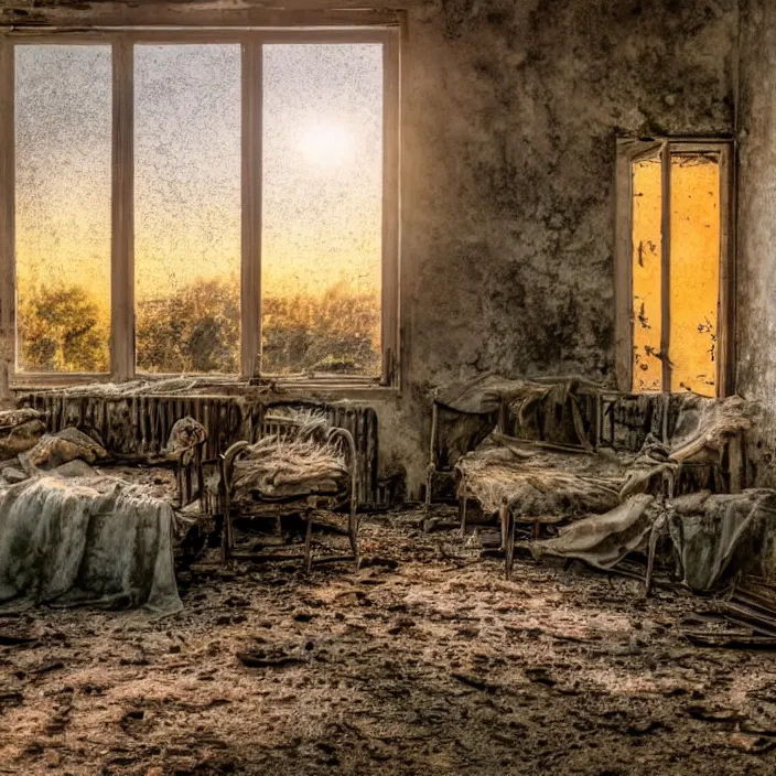 Prompt: a interior photo of a ruined furnished house at sunset, godrays, complementary colors, full of grass, old furniture, dramatic lighting, 8k,highly detailed, high quality, post processed