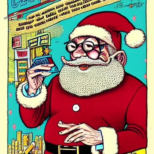 Prompt: The Artwork of R. Crumb and his Cheap Suit Santa Claus tells you to be good , pencil and colored marker artwork, trailer-trash lifestyle