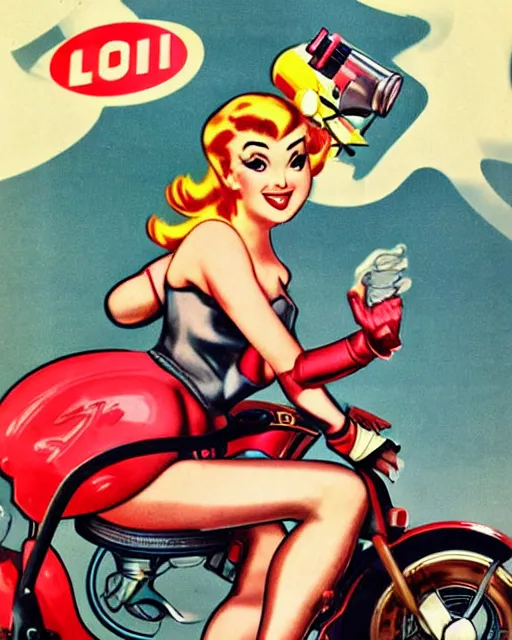 Image similar to cybernetic princess peach riding a motorcycle, 1 9 5 0 s pinup, retro futurism