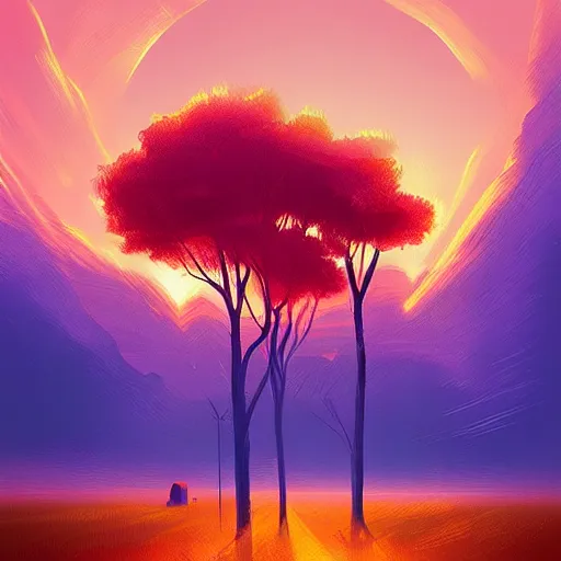 Prompt: the sun rises as a dreary night ends, landscape, digital art, inspired by alena aenami and christopher balaskas