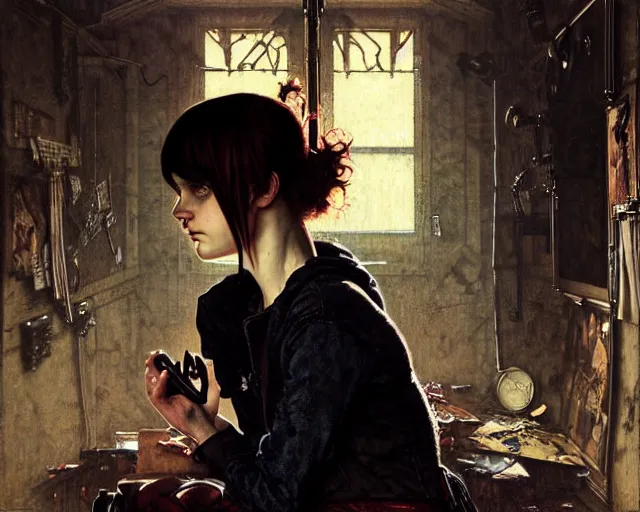 Prompt: a epic norman rockwell painting portrait of emo girl listening to music in a dark liminal space room, gritty tech, deep focus, fantasy, intricate, elegant, highly detailed, digital painting, artstation, concept art, matte, sharp focus, illustration, dark fantasy style art, resident evil, art by artgerm and greg rutkowski and alphonse mucha