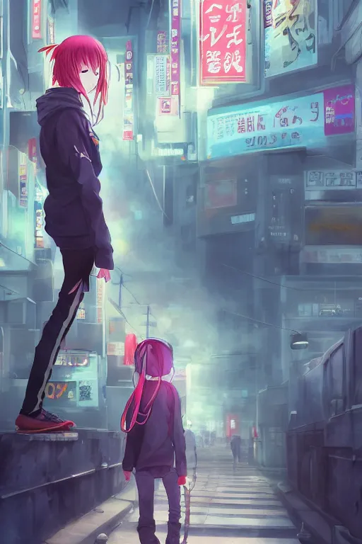 Prompt: anime teen with headphones walking at the streets of tokyo at dawn, wlop, concept art, digital painting, trending on artstation, highly detailed, epic composition, 8 k uhd