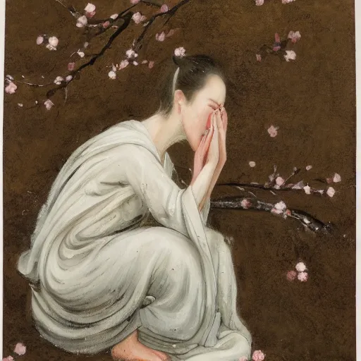 Prompt: a crying woman in a white gown kneeling at a beautiful shrine under a cherry blossom tree, rainy wet, ultradetailed, hd 8 k, oil on canvas, detailed brushstrokes