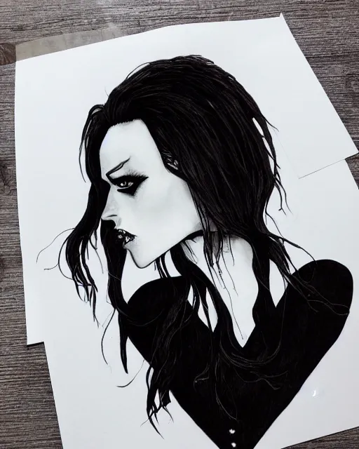 Image similar to creole androgynous vampire, moody black ink illustration