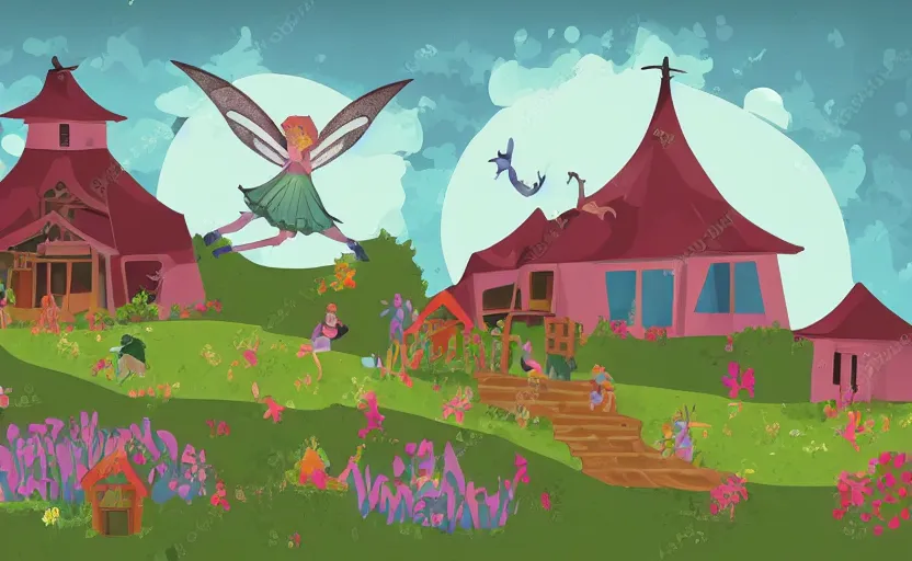 Image similar to magical farmhouse, fairies flying, vector, storybook, muted colors, gouache, flat, sharp edges, print