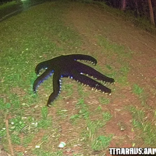 Image similar to a weird land octopus caught on trailcam nightvision footage camera, grainy low quality