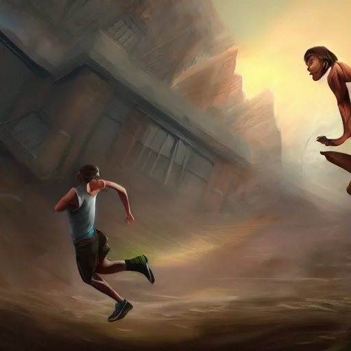 Prompt: action digital art of a an athletic runner holding a bible. Chased by mysterious monsters. concept art, highly detailed, promotional art, HD, digital painting, trending on ArtStation, golden ratio, rule of thirds,