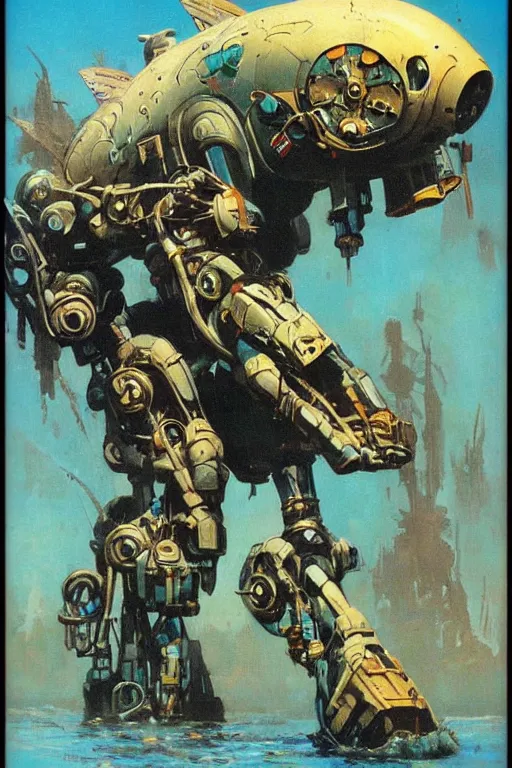 Prompt: and aquatic fish mecha robot by Frank Frazetta