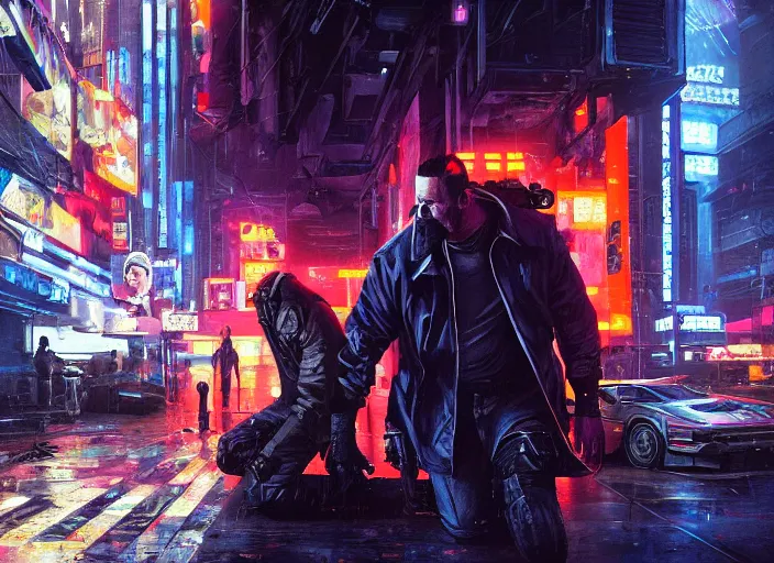 Image similar to ezra defeats sgt griggs. cyberpunk hacker knocking out menacing cop ( blade runner 2 0 4 9, dystopian, cyberpunk 2 0 7 7 character design ). epic painting by james gurney and laurie greasley, oil on canvas. cinematic, hyper realism, realistic proportions, anatomy, dramatic lighting, high detail 4 k