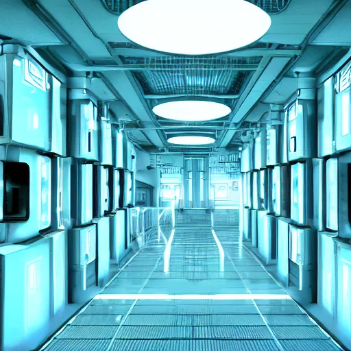 Image similar to long hall in futuristic lab, full of robots, light blue and white, background of resident evil game