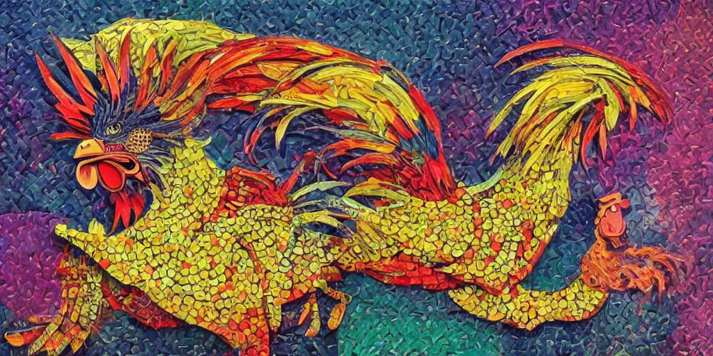 Prompt: colorful illustration of a fighting rooster made of car parts, cubism, pointillism, surreal, intricate, highly detailed, dark color scheme, golden ratio