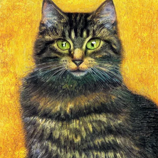 Image similar to portrait of a very fluffy dark tabby cat with green eyes, starlight, full body, smiling cat, golden colors, flowers, canned cat food, intricate, elegant, highly detailed, smooth, sharp focus, illustration, art by gustav klimt