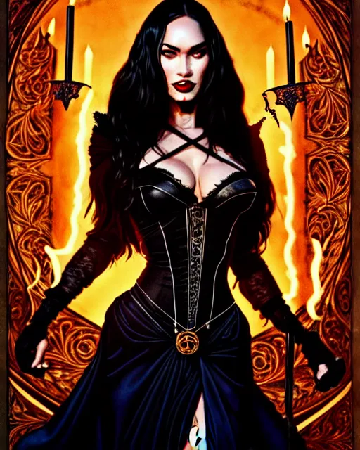 Image similar to megan fox witch queen, black eyes, blood, full body, intricate victorian dress, middle shot, cinematic lighting, studio quality, symmetrical eyes, artgerm, joshua middleton, rafael albuquerque, moody lighting, candles, art style by klimt, nixeu and ian sprigger and wlop and krenz cushart