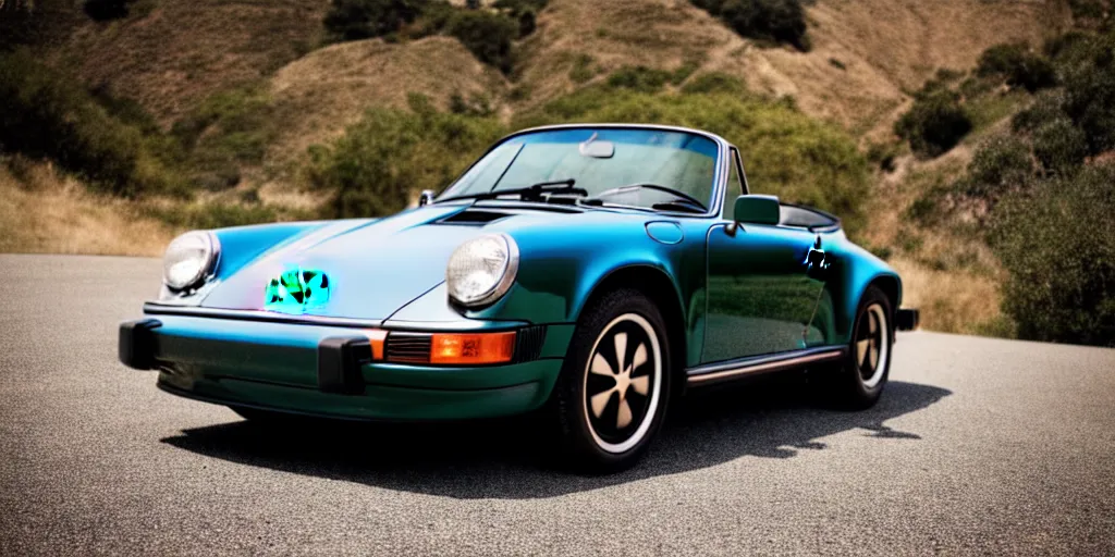 Image similar to photograph, 1974 PORSCHE 911, roadster, by Pete Biro, press release, cinematic, malibu canyon, 8k, depth of field, bokeh. chrome accents,