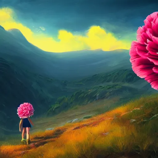 Image similar to giant carnation flower head, girl hiking in the mountains, surreal photography, sunrise, dramatic light, impressionist painting, colorful clouds, digital painting, artstation, simon stalenhag