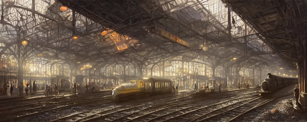 Image similar to photorealistic subway station with arriving steam trains, daylight, sunlight, lens flare, highly detailed, digital painting, artstation, concept art, smooth, sharp focus, 8k, photorealistic, 25mm f/1.7 ASPH Lens, ultra realistic steampunk illustration, art by greg rutkowski and alphonse mucha