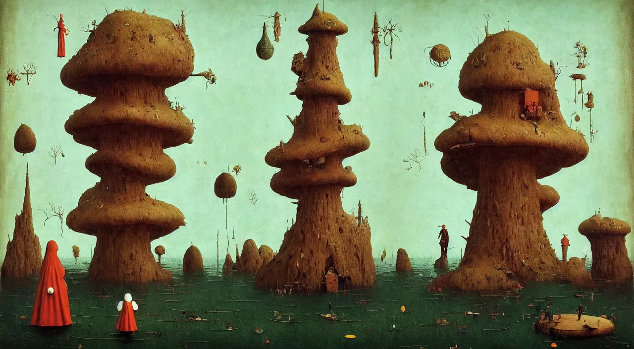 Image similar to single flooded simple!! toadstool tower anatomy, very coherent and colorful high contrast masterpiece by norman rockwell franz sedlacek hieronymus bosch dean ellis simon stalenhag rene magritte gediminas pranckevicius, dark shadows, sunny day, hard lighting