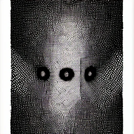 Image similar to pointilism, black and white, dot art, dark, ominous, hooded figures, faceless people, asymmetrical, in style of old painting, holy cross, evil