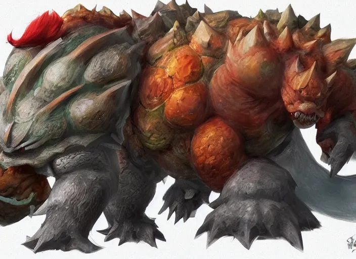 Image similar to detailed concept art of a huge giant bowser by cheng yi and luolin, game art, aartstation, artstationhd, detailed scales, bowser, bowser nintendo, koopa, ~ bowser # bowser ( ( mario ) ) bcy. net, realistic.