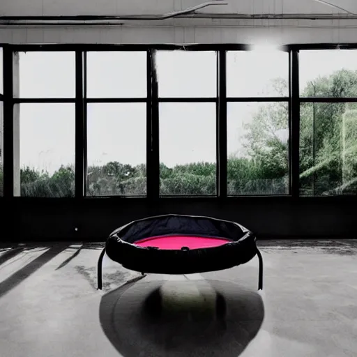 Prompt: a black trampoline, a ball pit, and a mattress inside a big empty room with light coming through the windows