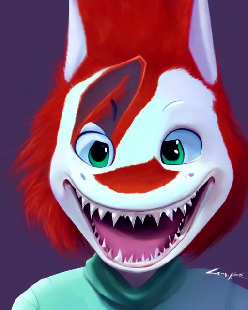 Image similar to digital painting full body of anthromorphic scalie female shark, red hair, in style of zootopia, female fursona, furry, furaffinity, 4 k, deviantart, furry art, fursona art, shark fursona, female, very expressive detailed feminine face,