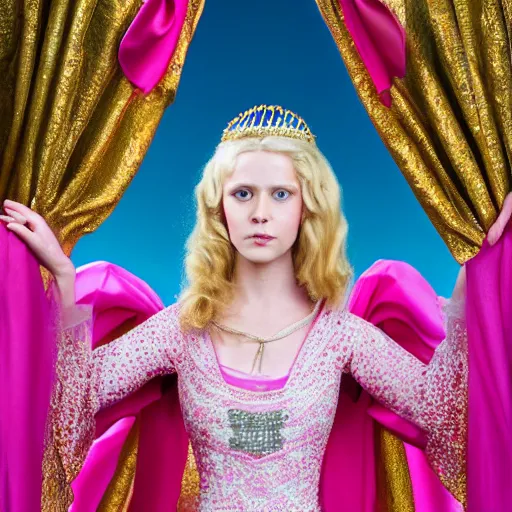 Image similar to an infallible princess with long blonde hair and blue eyes wearing a elaborately beaded pink dress and pink conical hennin, high resolution film still, live-action film by Simon Langton