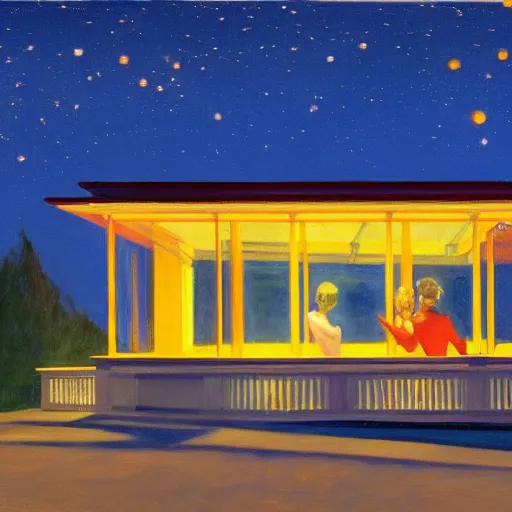 Prompt: beautiful lit lanterns flying in the night sky, edward hopper art style, 4 k