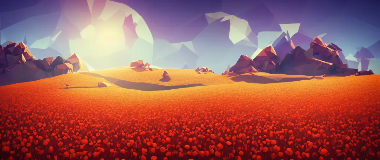 Image similar to 3 d render, mountain landscape, digital art, low poly art, minimalist, poppy, journey game, lowpoly landscape, particles floating, unreal engine, dreamy, brush strokes, bounce light, sunny, complementary palette, redsinski