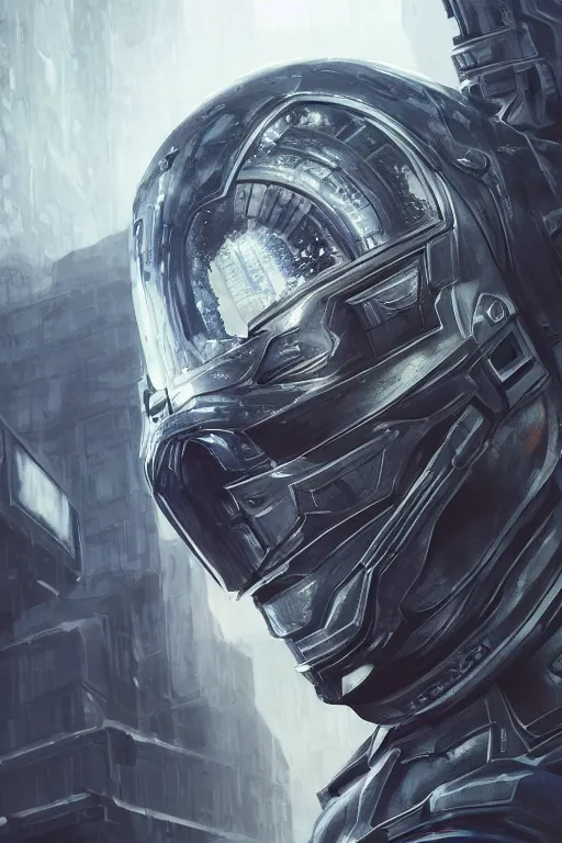 Image similar to ultra realist and ultra intricate detailed soft painting of a beautiful sci-fi armored male, helmet, symmetry features, sensual gloomy style, volumetric clouds, cyberpunk burning building background, artstation, unreal render, depth of field