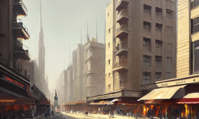Image similar to A digital concept art painting of a street-level view of an art deco city, by greg rutkowski, trending on artstation
