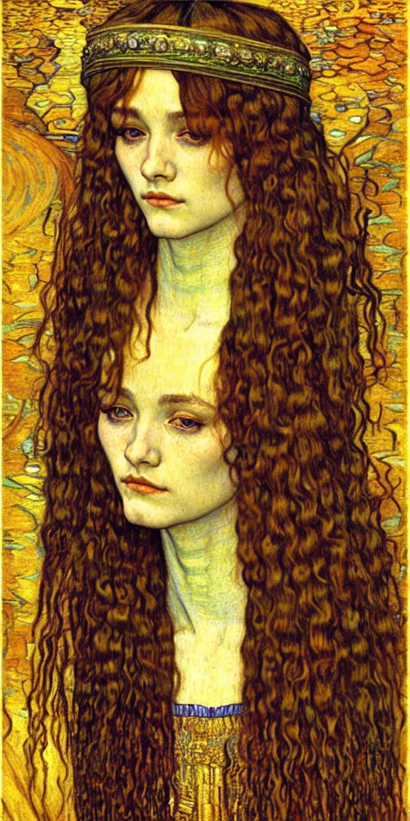 Image similar to detailed realistic beautiful young medieval queen face portrait by jean delville, gustav klimt and vincent van gogh, art nouveau, symbolist, visionary, gothic, pre - raphaelite, muted earthy colors, desaturated