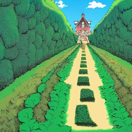 Prompt: Studio Ghibli empty hedge maze on the muddy ground, animated, anime, illustrated, vibrant, by ghibli , low angle anime backdrop on artstation