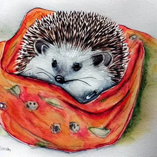 Prompt: a hedgehog in a cozy blanket on a rainy day, watercolor and ink by Miruna Matthams