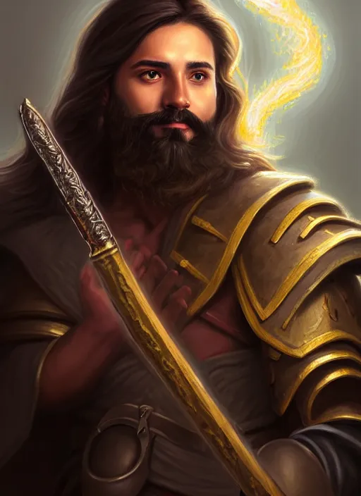 Image similar to a _ fantasy _ style _ portrait _ painting _ of esfandtv big light brown male holy paladin with long wavy brown hair and beard, hammer weapon, rpg dnd oil _ painting _ unreal _ 5 _ daz. _ rpg _ portrait _ extremely _ detailed _ artgerm _ greg _ rutkowski _ greg