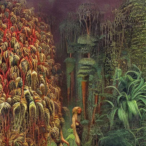 Prompt: a jungle full of strangely colored plants and fruits, high detail, painted by beksinski