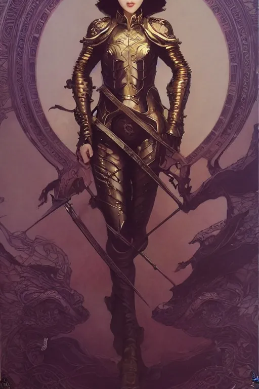 Image similar to full length portrait of zhang ziyi in armour, by eve ventrue, michael carson, andreas rochas, john watkiss, casey weldon, artgerm. art nouveau. tarot card by mucha. gloomhaven. swirly intricate linework background. gaudy colors, sharp edges. octane render