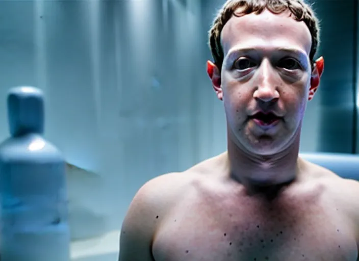 Image similar to film still of mark zuckerberg floating in a tank of milky fluid as a precog in minority report movie, 8 k